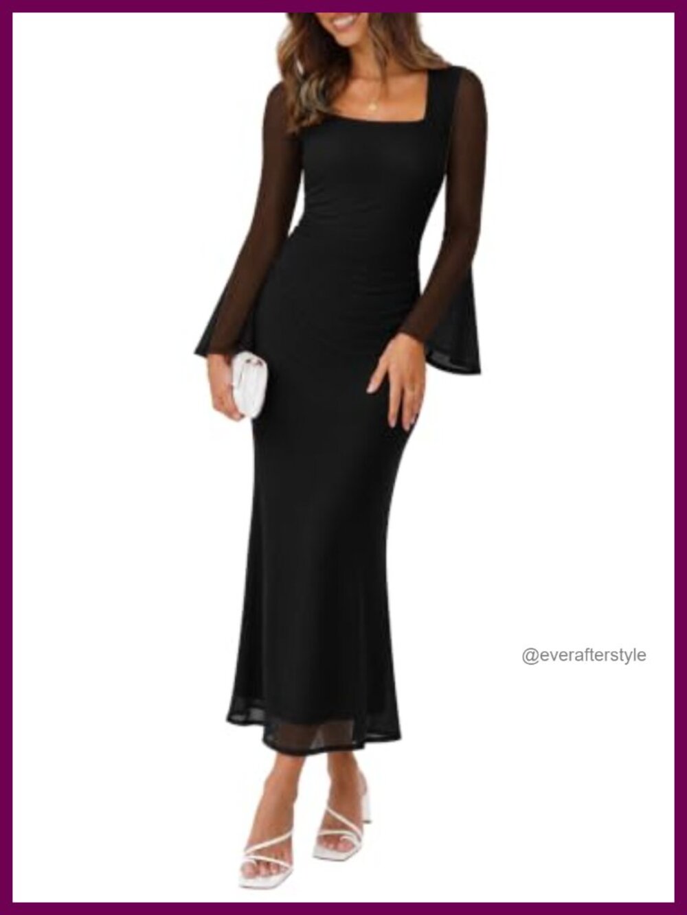 Women's Mesh Long Sleeve Bodycon Maxi Dress Square Neck Formal Wedding Guest